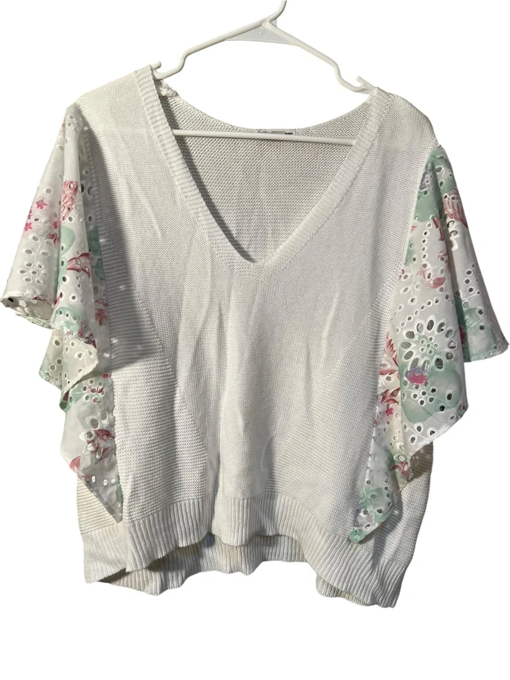 Cato Women’s Plus Sz 22/24 Sweater V-Neck Short Flutter Sleeve White Pink Eyelet